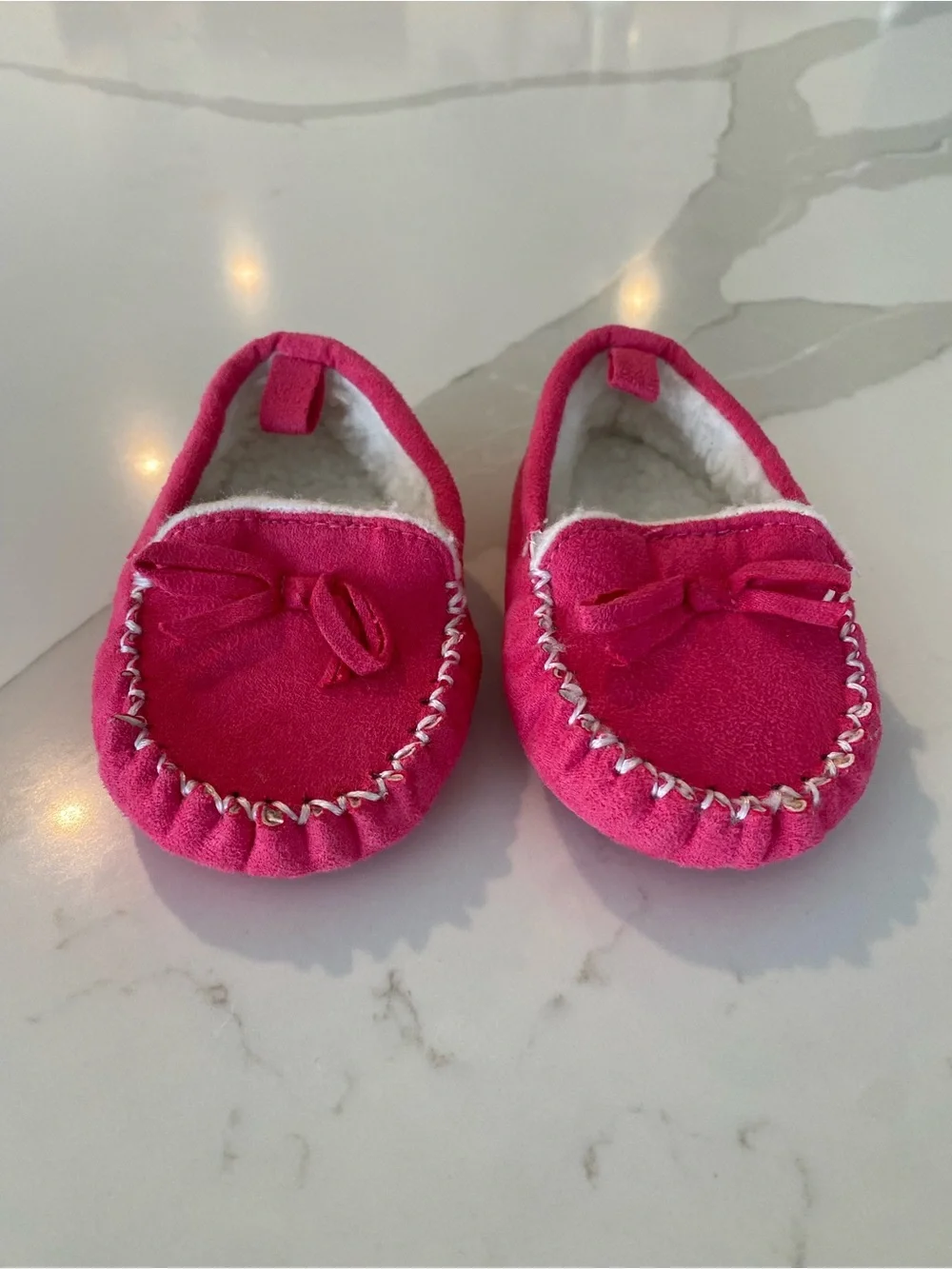 Rising Star Girls Pink Moccasin Slippers Faux Fur Lined Slip On Bow 6-9M